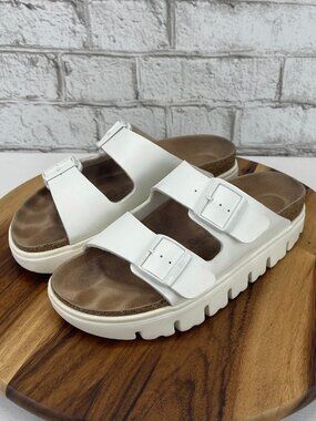 Papillio by Birkenstock Arizona Womens 8/39 Narrow White Chunky Platform Slides